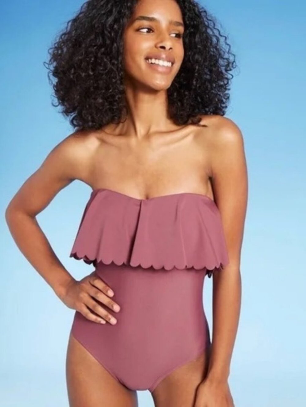 Kona Sol Size Medium Scalloped Flounce One Piece Swimsuit Mulberry